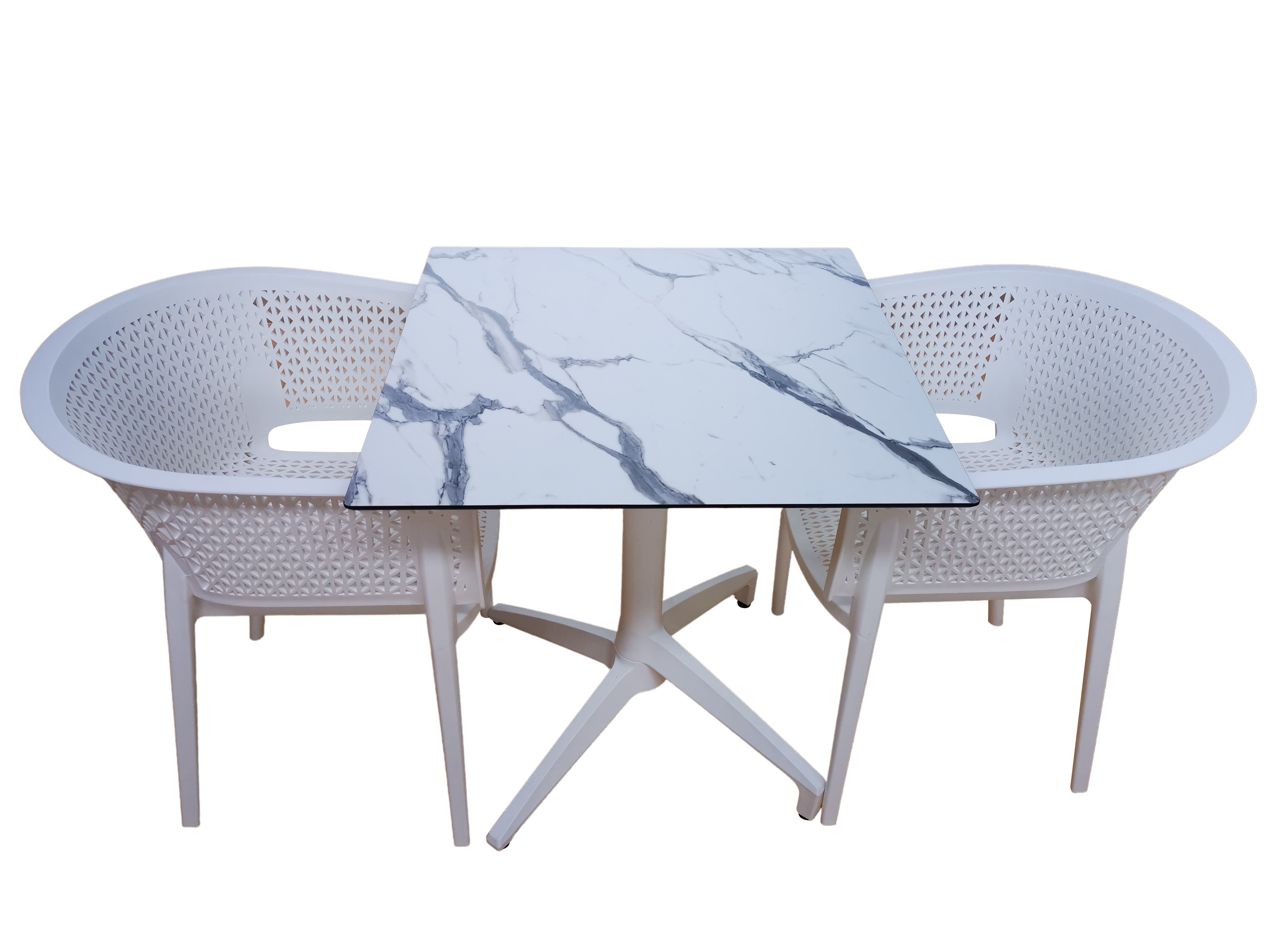Panama 24 – Pack terrasse extérieur CHR avec 2 fauteuils et 1 table compact Blanc 70x70x1.2cm
