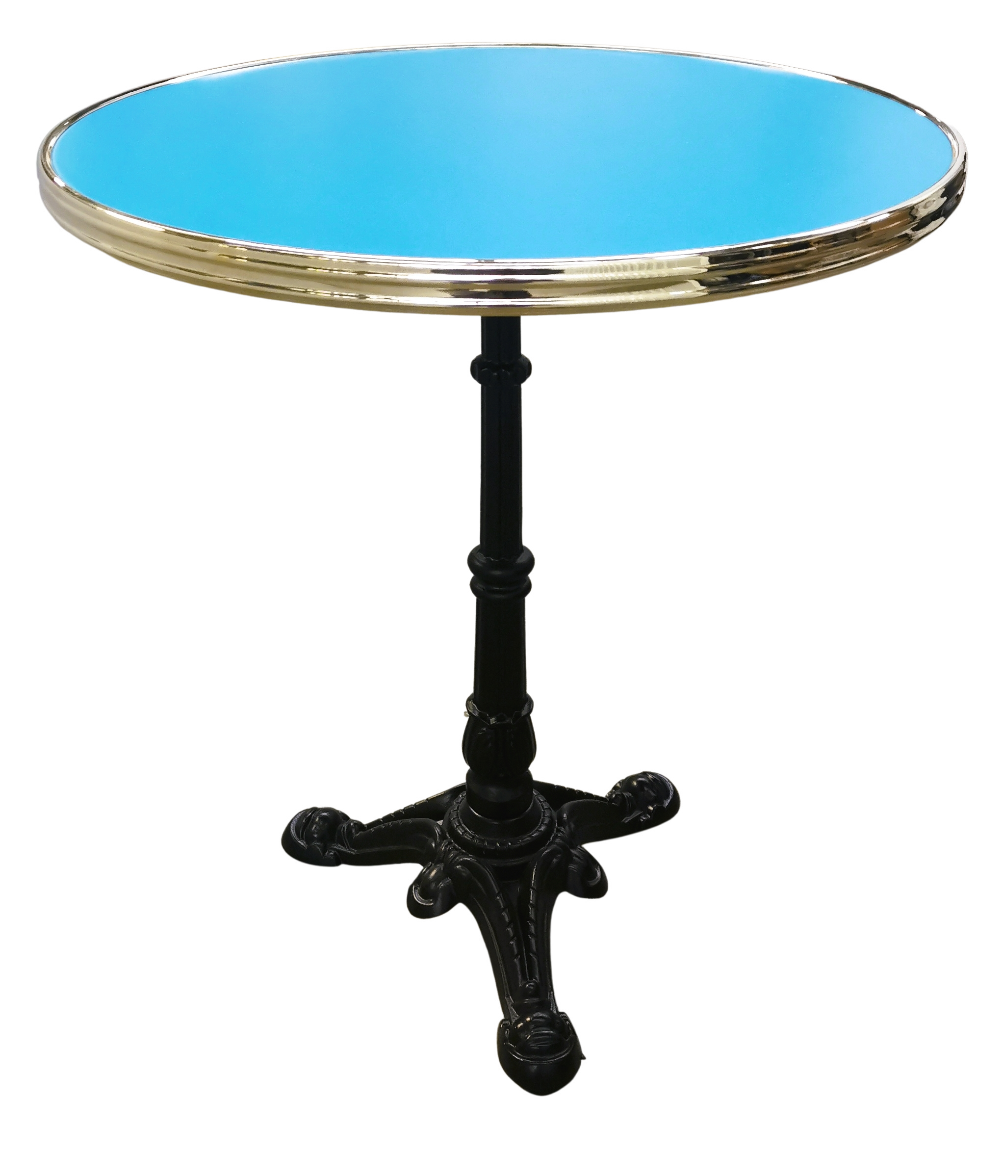Panama 12BLE – Table bistro Bleu 3 branches avec plateau cerclé laiton