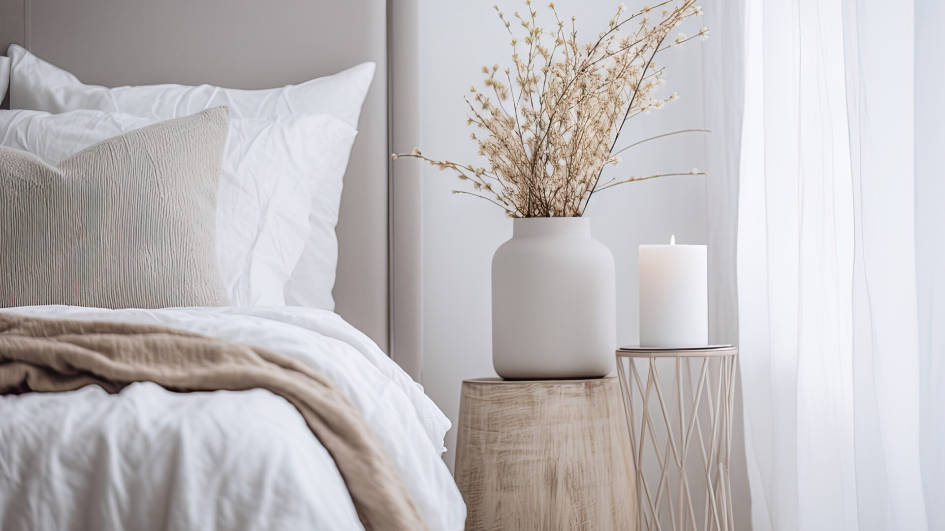 Image d'une chambre d'hôtel avec un lit blanc et un mur gris.