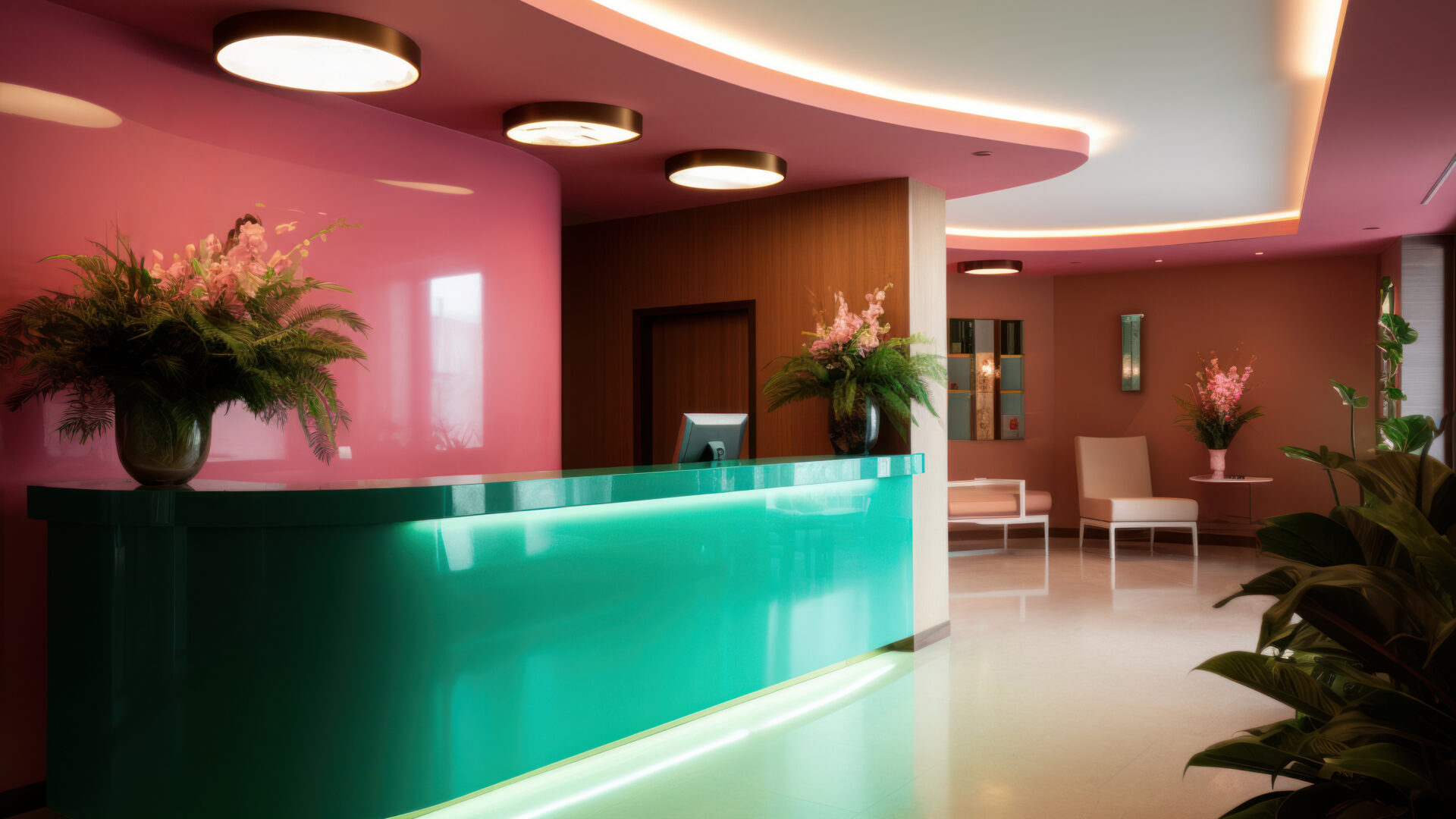 Hall d'entrée d'hôtel design et lumineux avec mobilier.