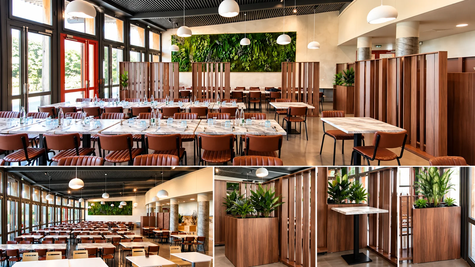 Montage du restaurant : tables décor pierre, chaises cognac et séparations décor bois